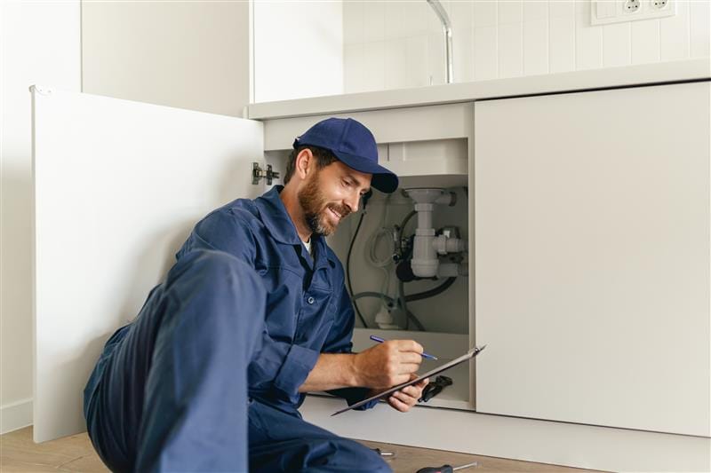 Residential plumber reviewing plumbing repairs in a Navarre kitchen